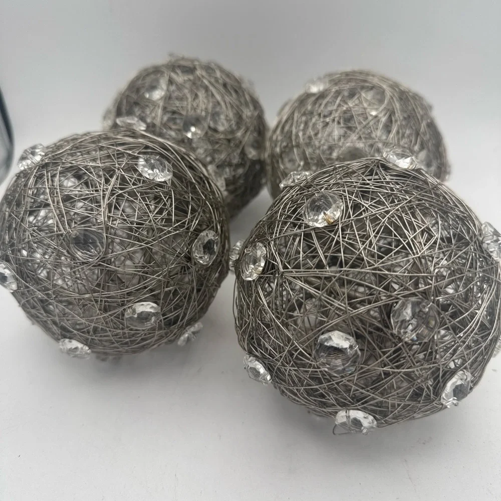4 Pier 1 One Wrapped Silver Color Metal Wire Orbs Spheres w/ Acrylic Gems 6”